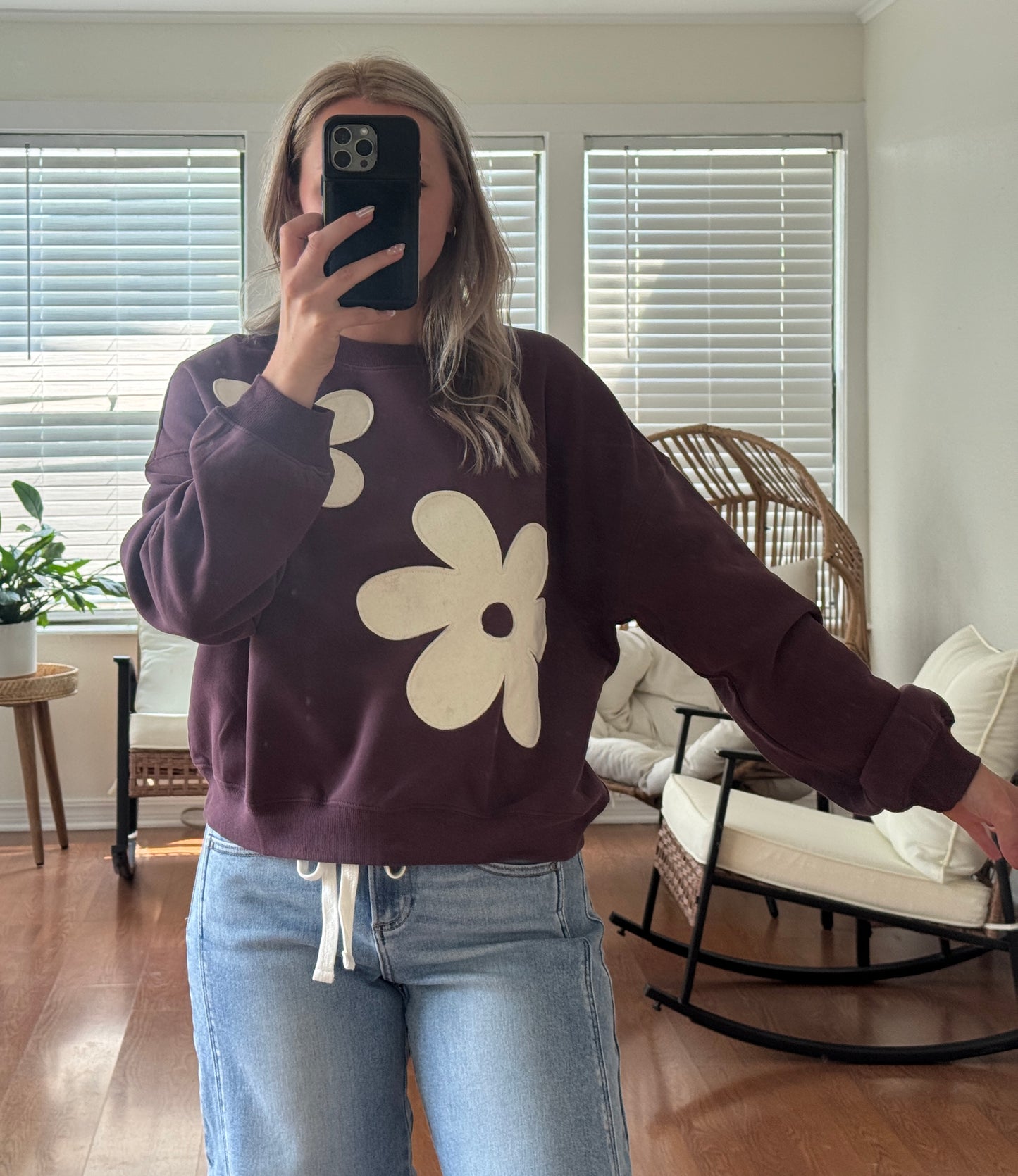 Floral Applique Sweatshirt - Dark Purple
