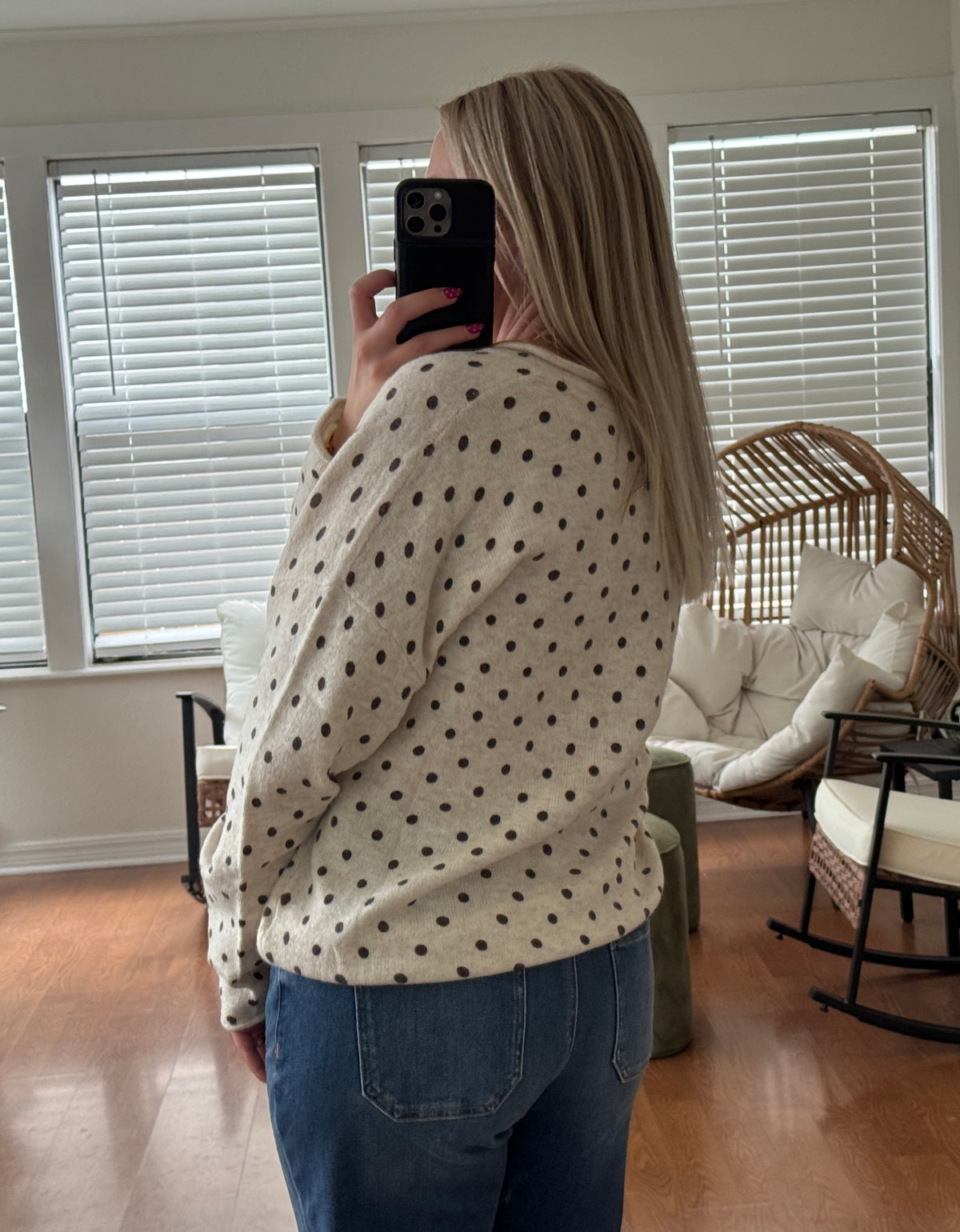Polka Dot Raw Edge Knit Cardigan - Cream + Brown
