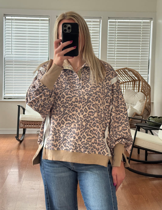 Leopard Button Collar Pullover - Tan + Gray