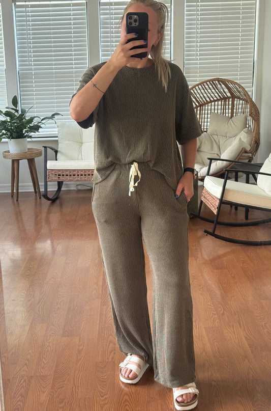 Ribbed Pants Matching Set - Olive Green