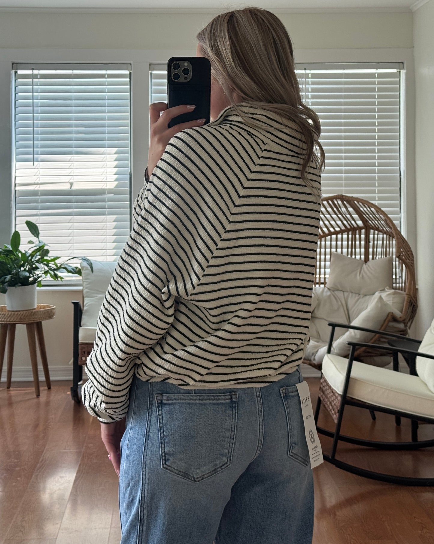 Striped Collared Sweatshirt - White + Black