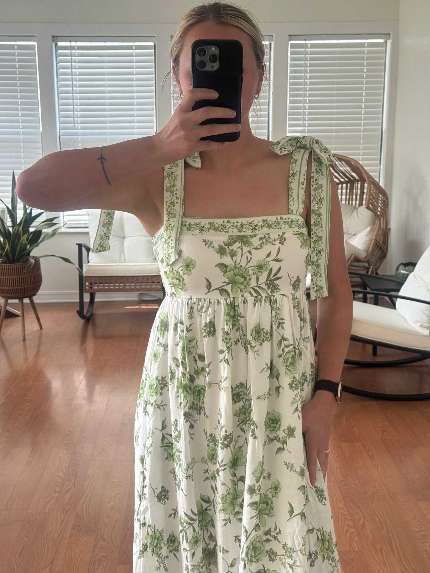 Floral Tie Strap Midi Dress - Green