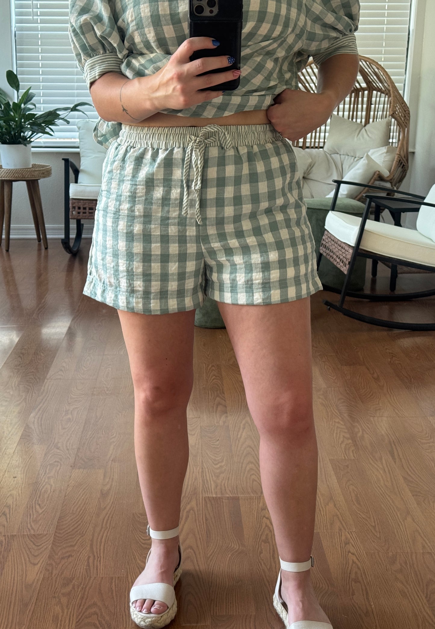 Checkered Blouse & Short Set - Sage