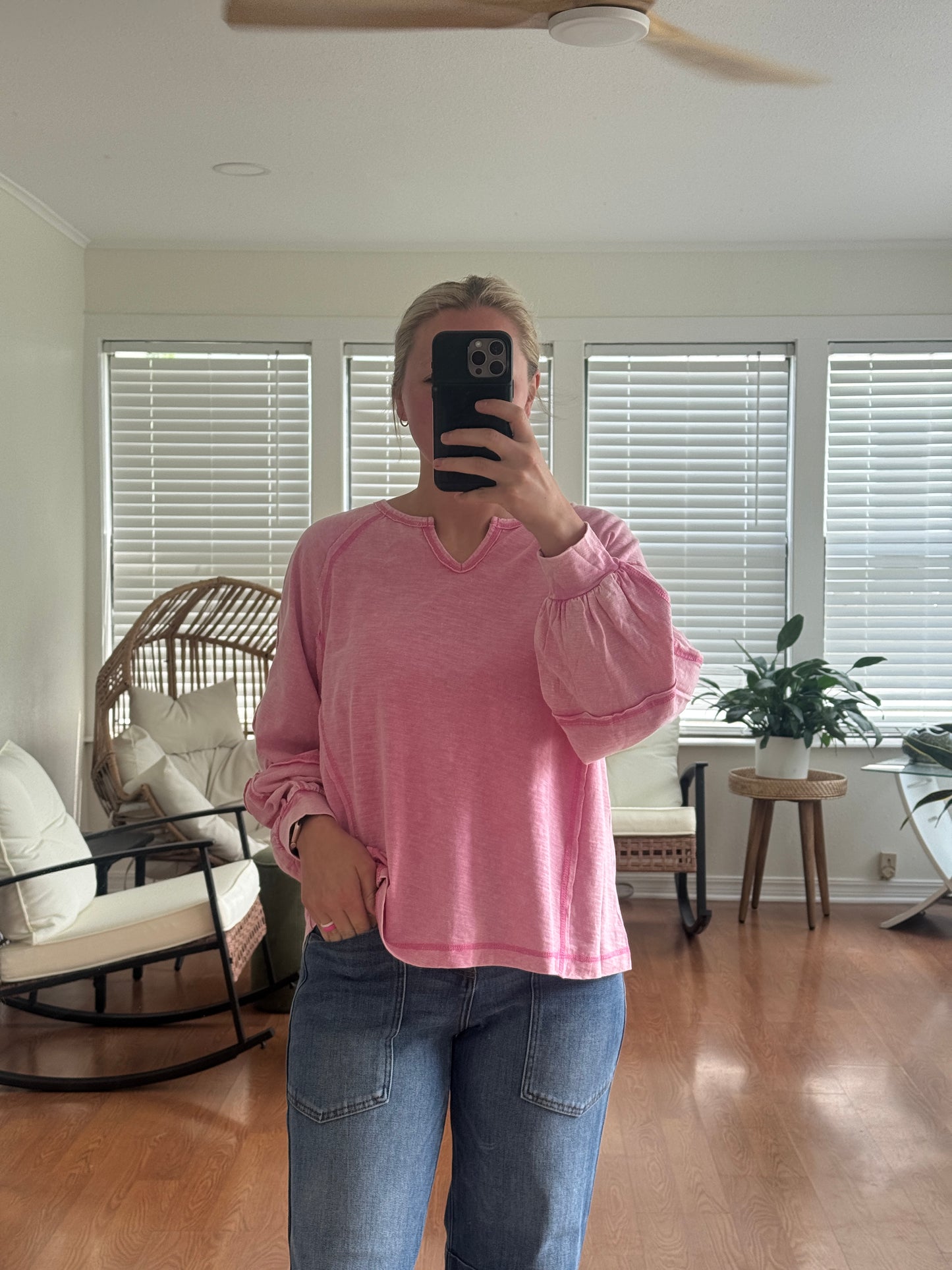 Raw Edge Seam Long Sleeve Top - Pink