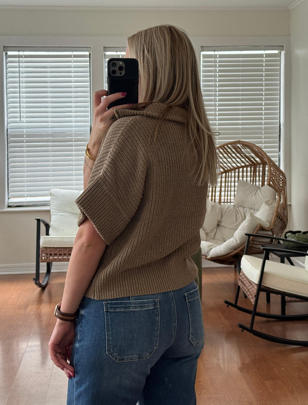 1/4 Zip Knit Short Sleeve Sweater - Mocha
