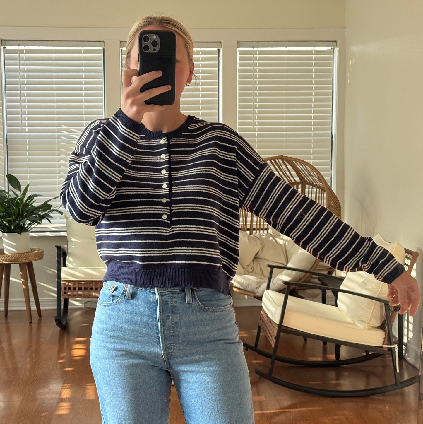 Striped Henley Sweater - Navy Blue