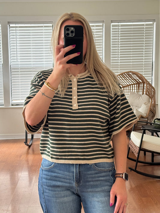 Striped S/S Henley Knit Top - Green + Tan