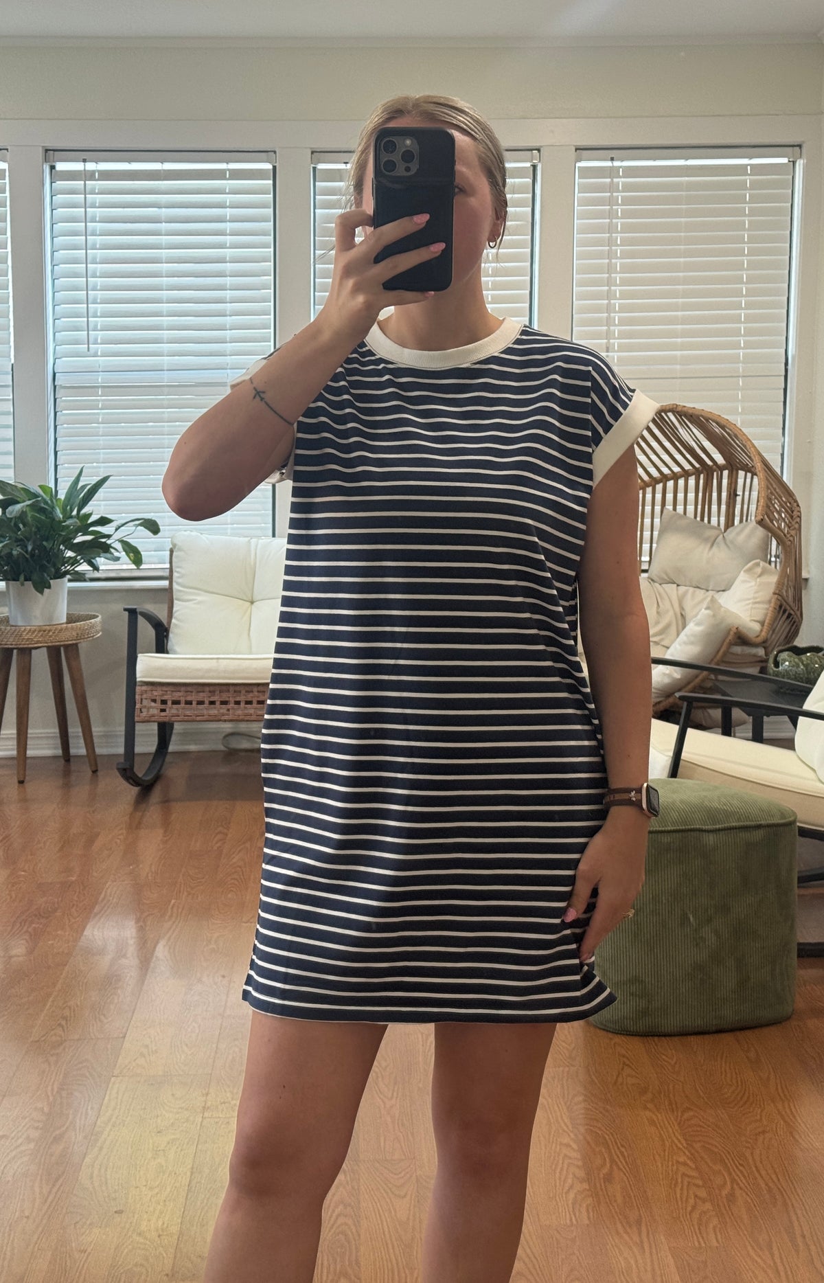 Striped Short Sleeve T-shirt Dress - Navy