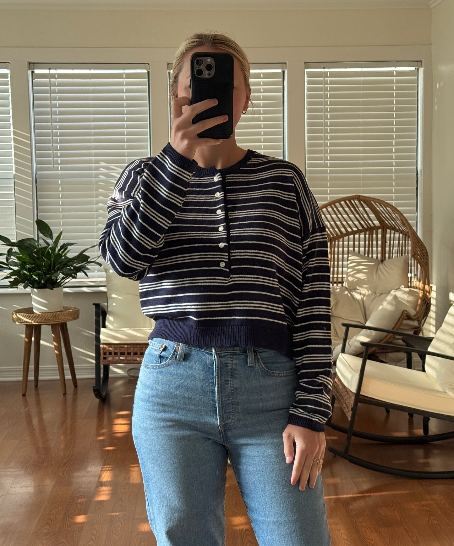 Striped Henley Sweater - Navy Blue
