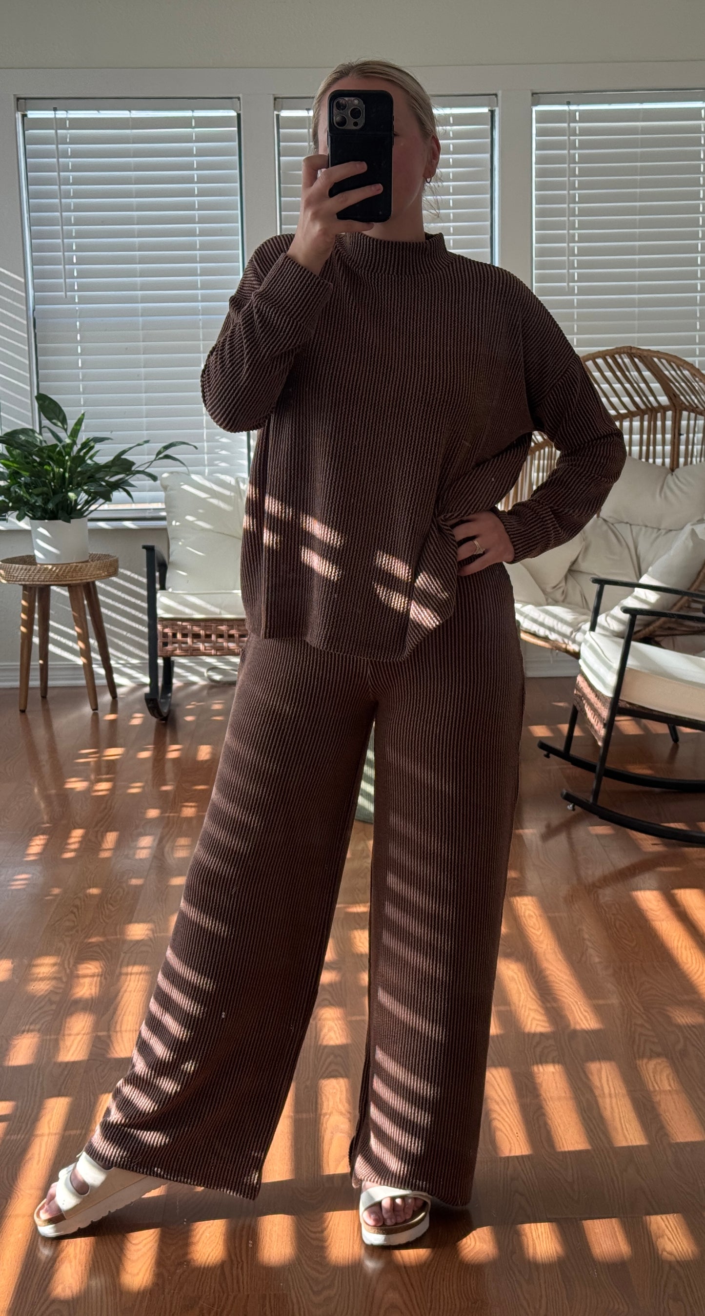 Ribbed Pants L/S Matching Set - Brown