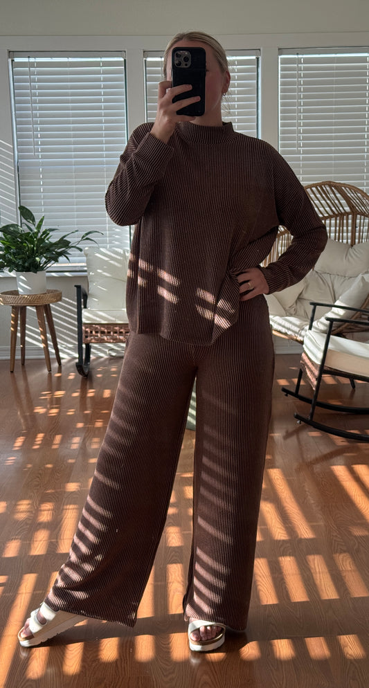 Ribbed Pants L/S Matching Set - Brown