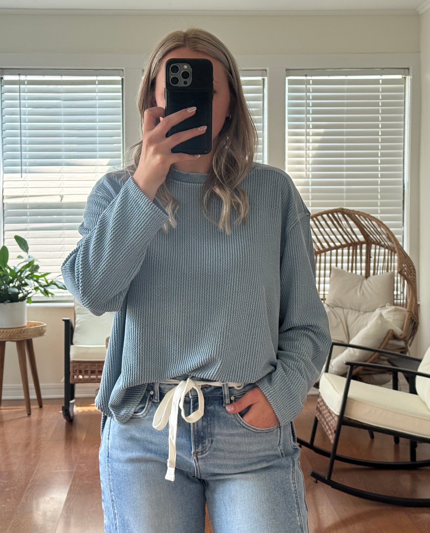 Boxy Thermal Long Sleeve Top - Light Blue