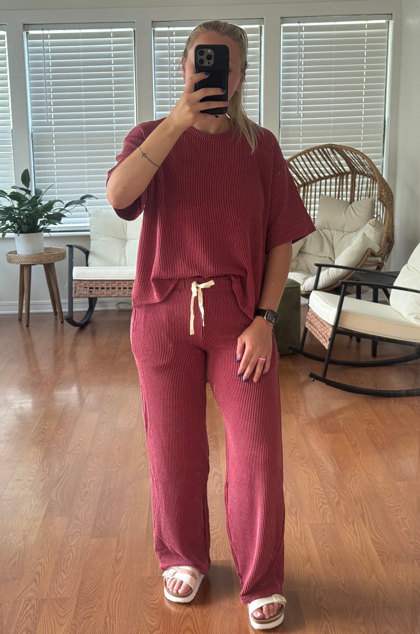 Ribbed Pants Matching Set - Burgundy