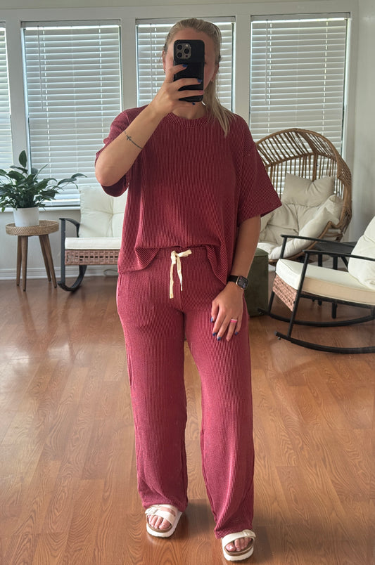 Ribbed Pants Matching Set - Burgundy