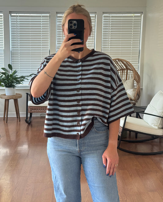 Stripe Raw Edge Short Sleeve Cardigan - Brown + Blue