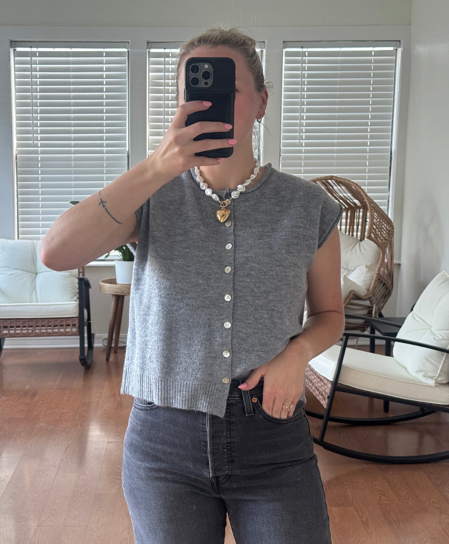 Sleeveless Button Front Cardigan - Dark Gray
