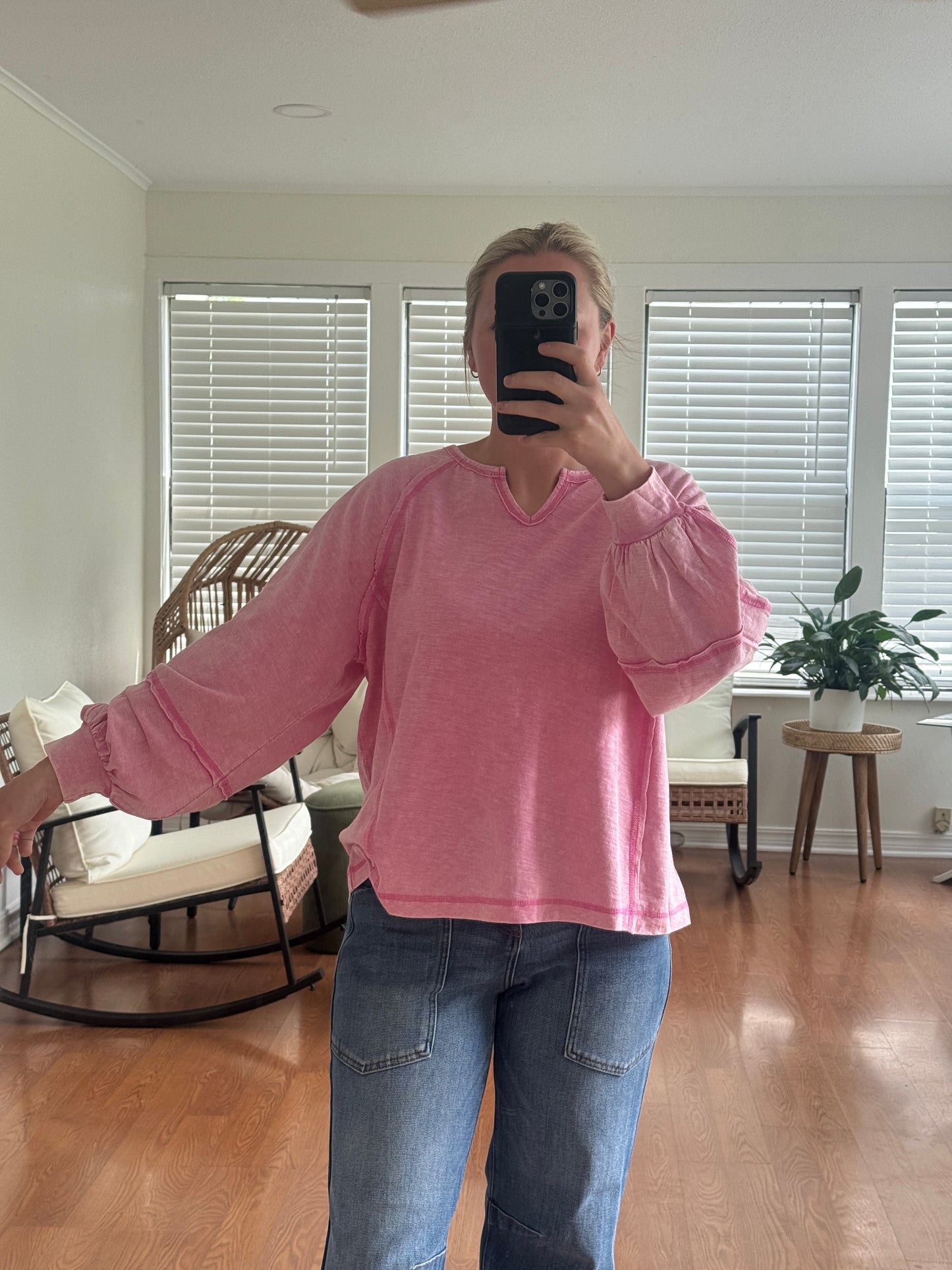 Raw Edge Seam Long Sleeve Top - Pink