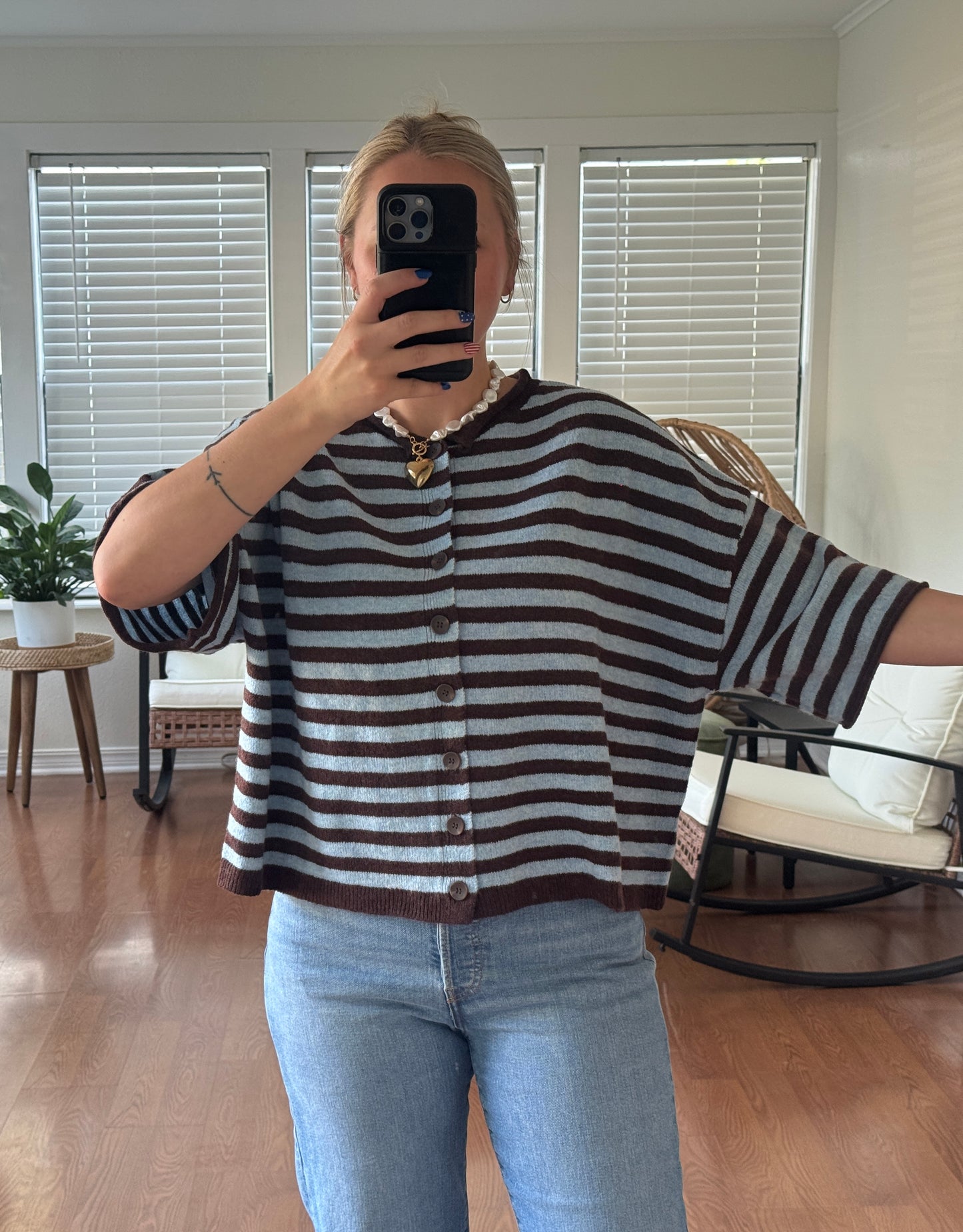 Stripe Raw Edge Short Sleeve Cardigan - Brown + Blue
