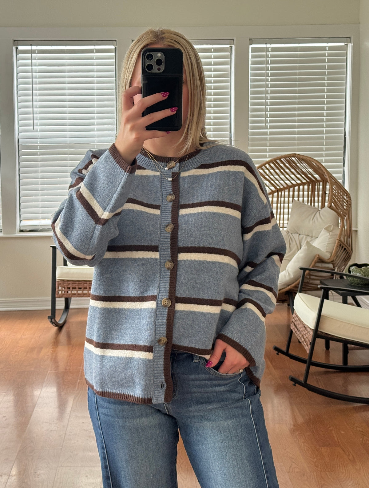 Striped Button Down Knit Cardigan - Blue + Brown