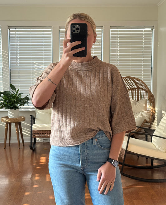 Ribbed Knit Short Sleeve Sweater - Mocha