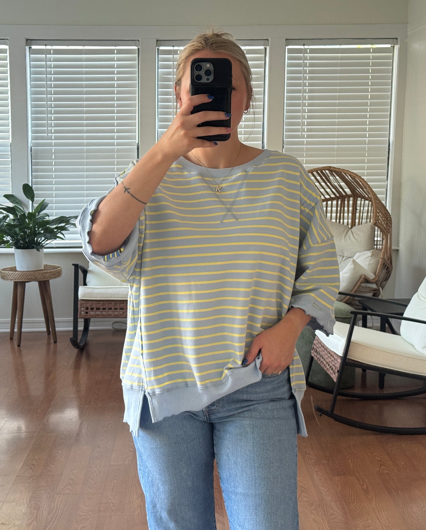 Striped Short Sleeve Sweatshirt - Light Blue + Yellow