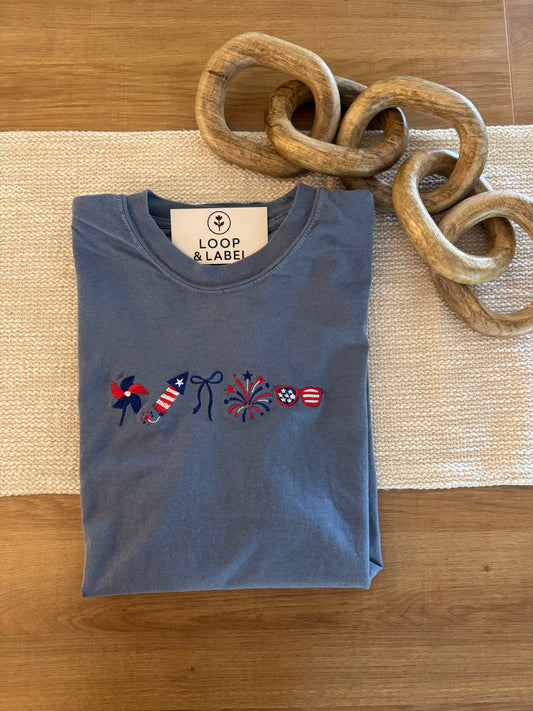 USA Icons Embroidered Tee - Red + White + Blue