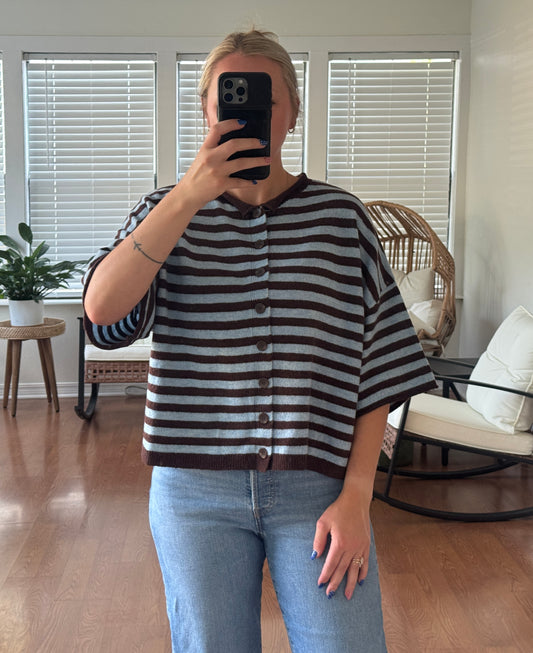 Stripe Raw Edge Short Sleeve Cardigan - Brown + Blue