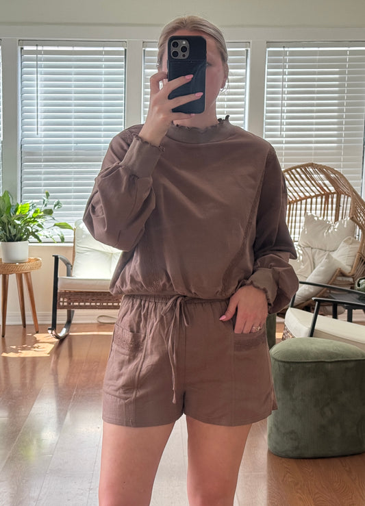 Lace Trim Sweatshirt & Shorts Matching Set - Mocha