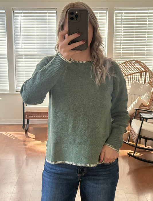 Contrast Stitch Wool Sweater - Green