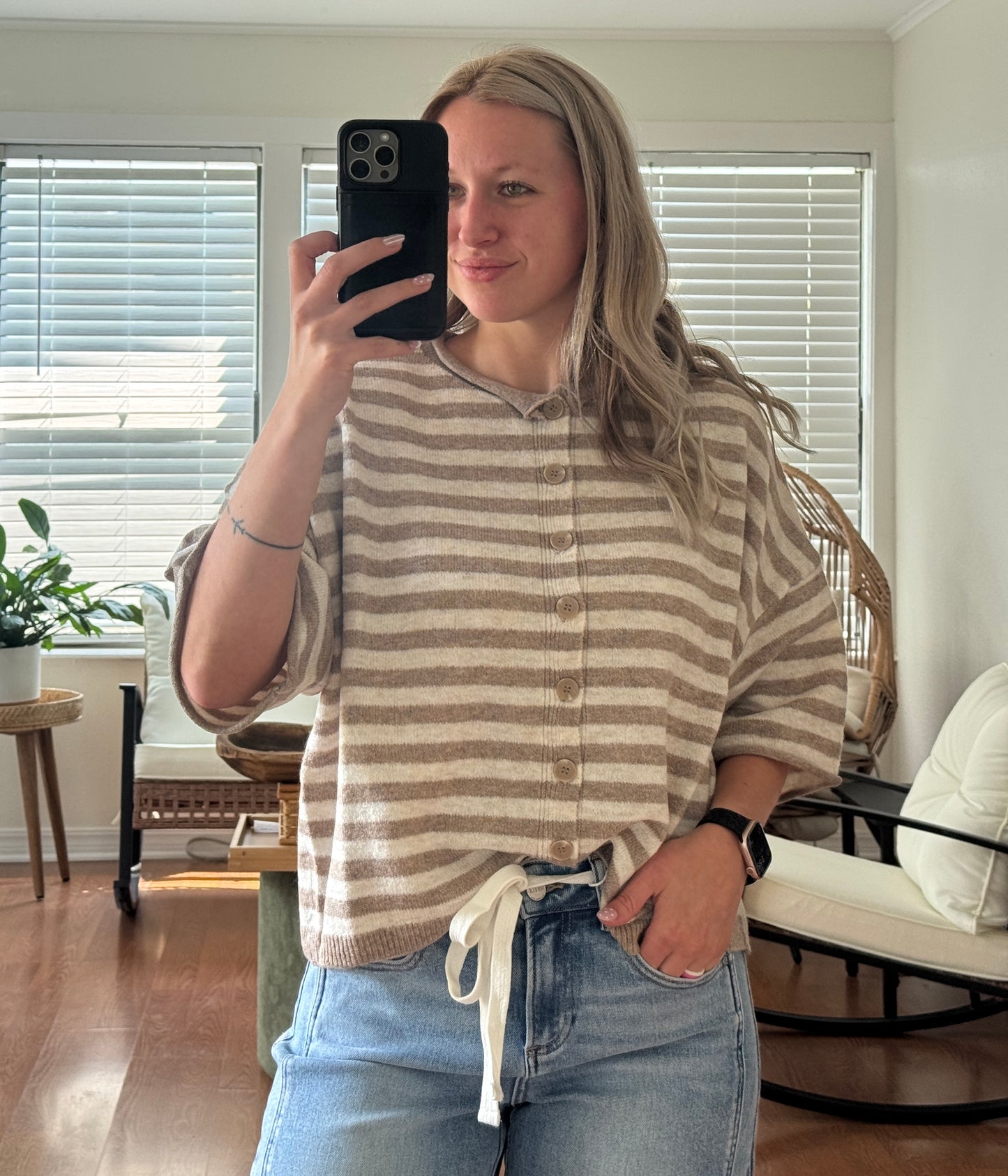 Stripe Raw Edge Short Sleeve Cardigan - Mocha + White