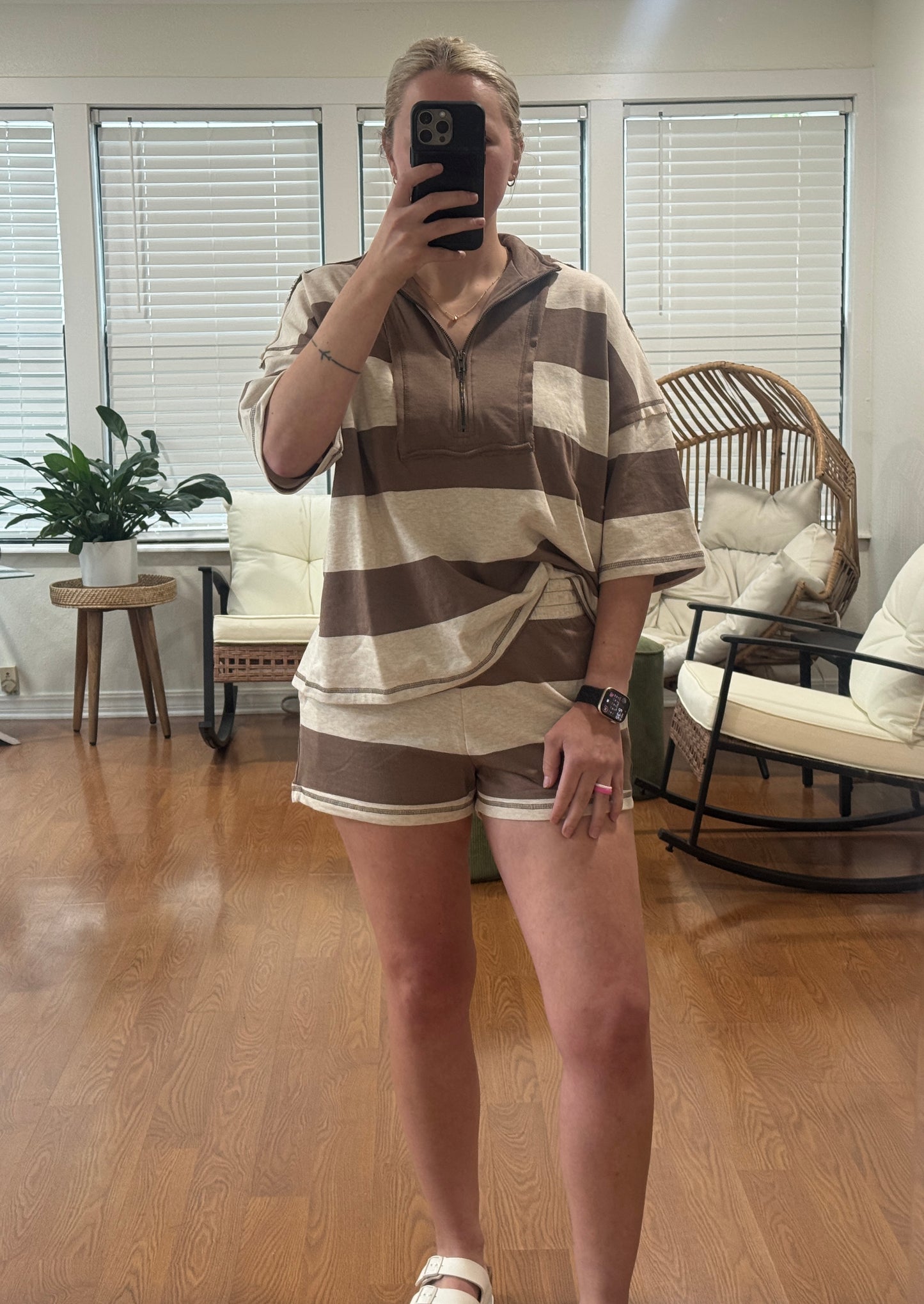 Striped Half Zip Top & Shorts Set - Mocha