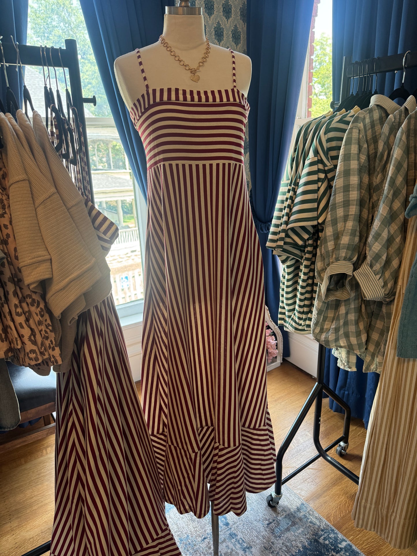 Striped Sleeveless Maxi Dress - Burgundy