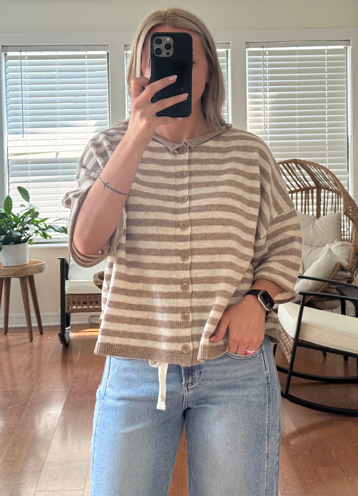 Stripe Raw Edge Short Sleeve Cardigan - Mocha + White