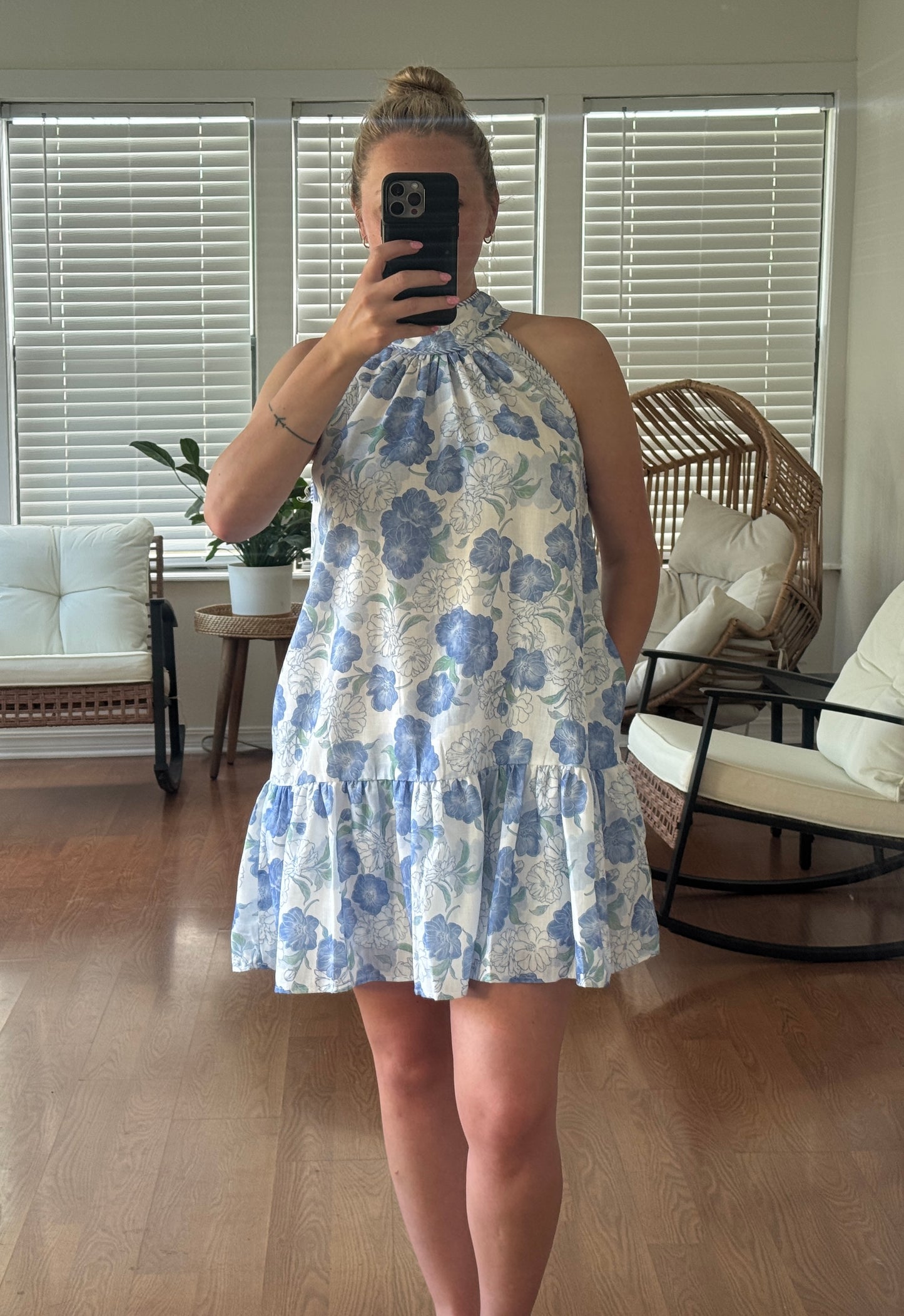 Floral Print Halter Mini Dress - Blue