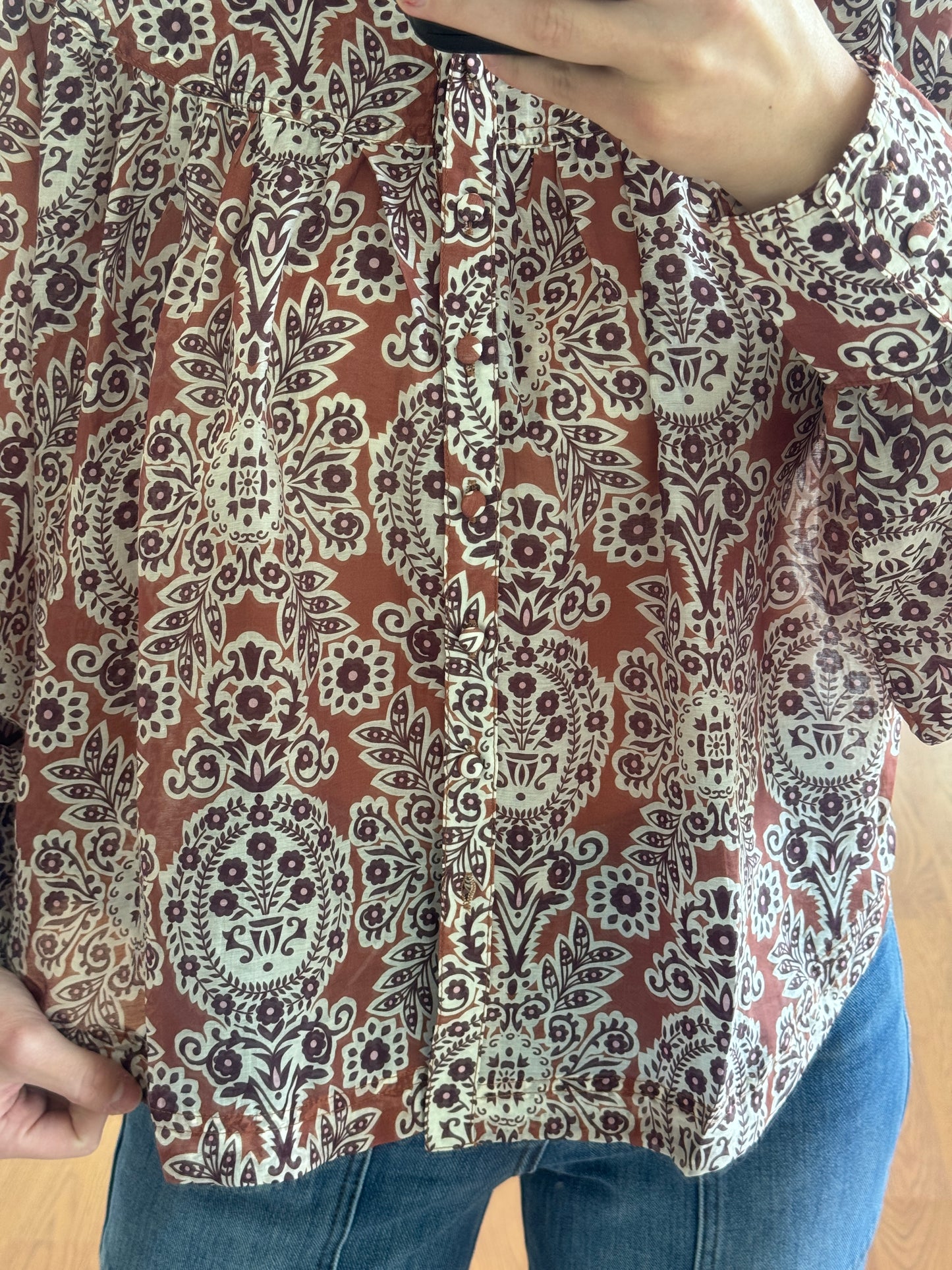 Bohemian Sheer Button Down Blouse - Brown