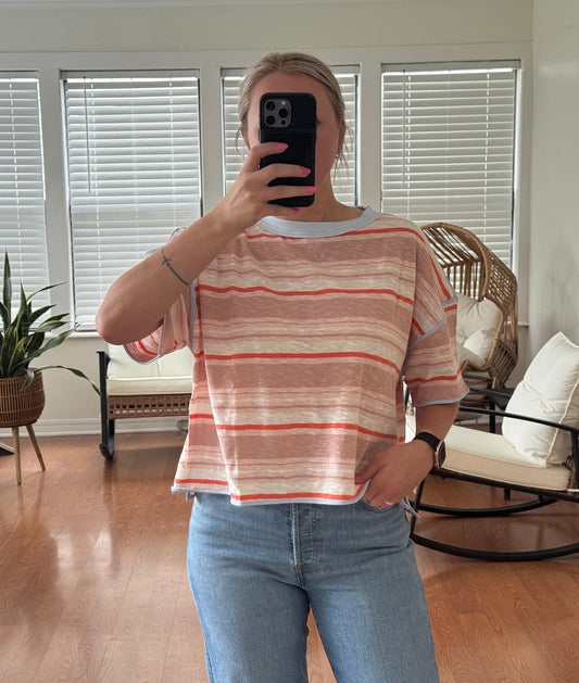 Striped Boxy Short Sleeve Tee - Coral + Blue