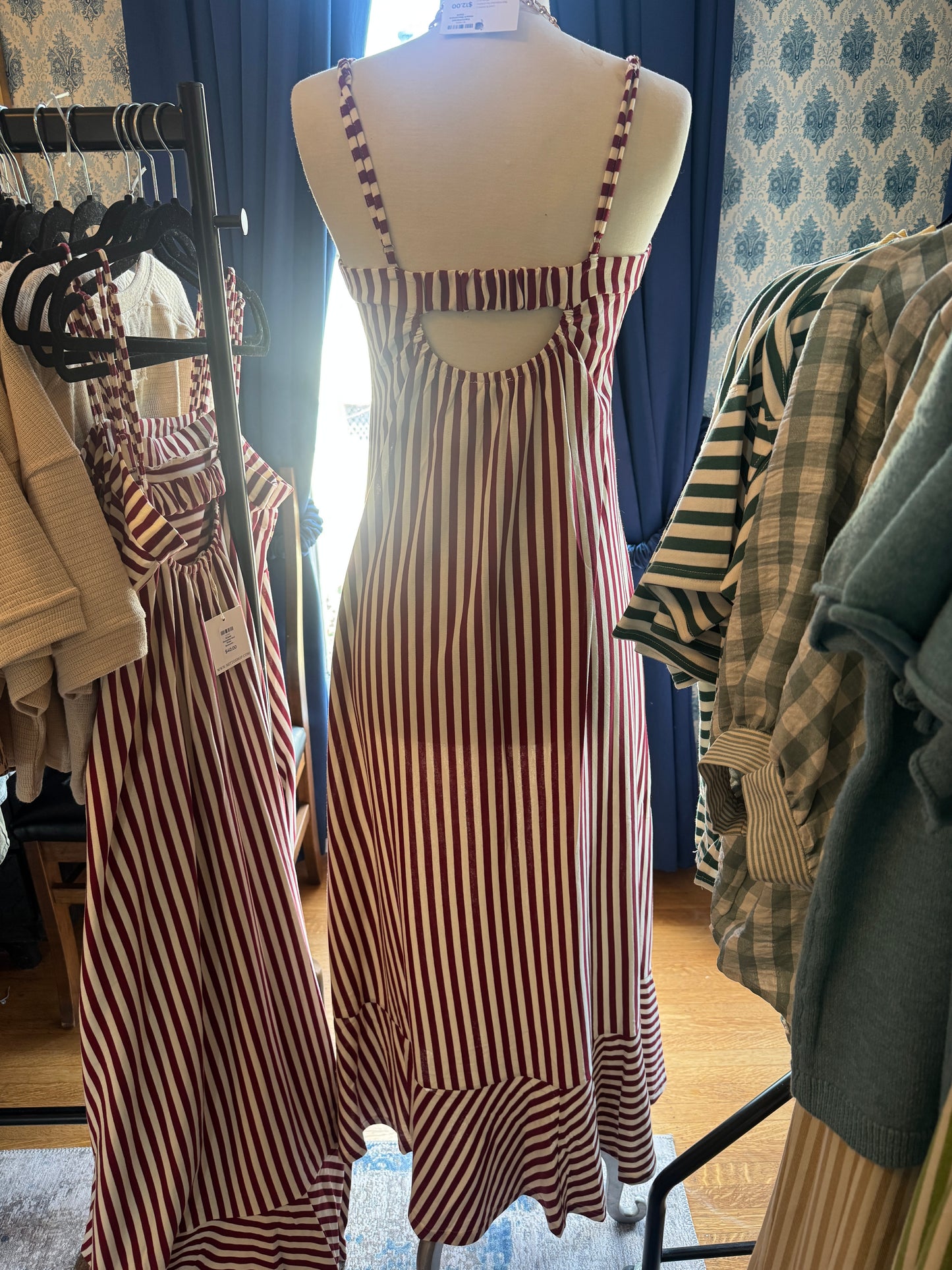 Striped Sleeveless Maxi Dress - Burgundy