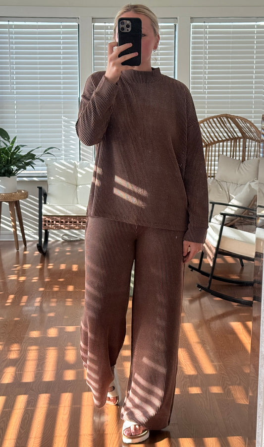 Ribbed Pants L/S Matching Set - Brown
