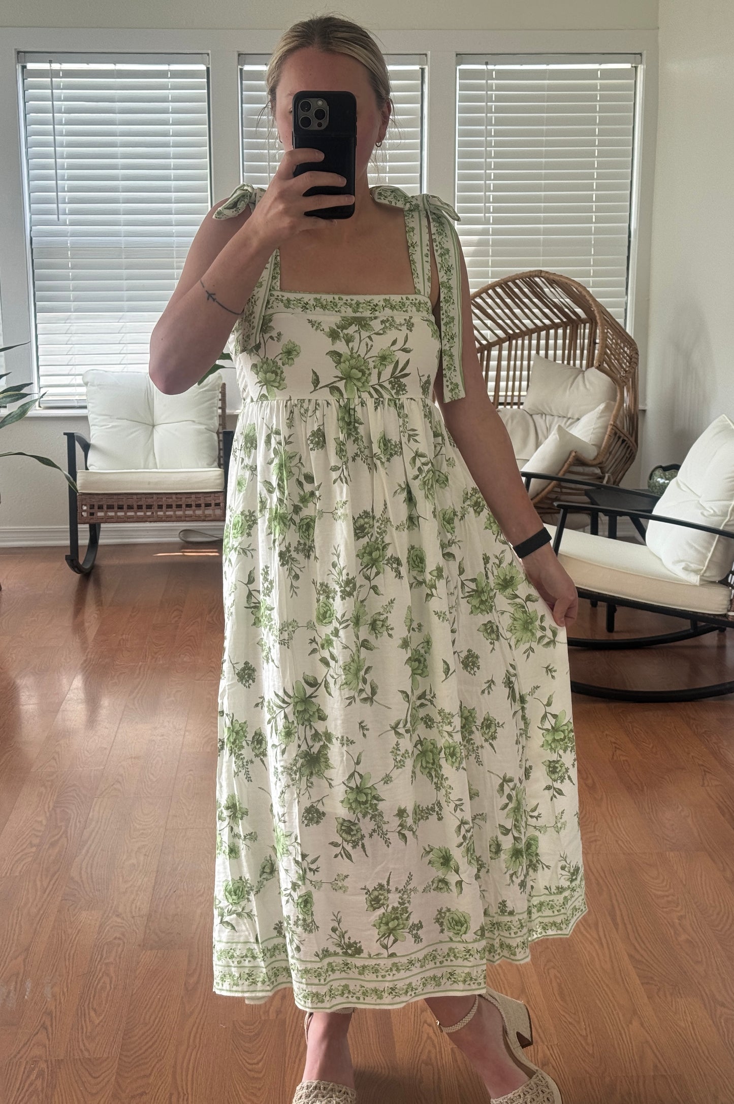 Floral Tie Strap Midi Dress - Green