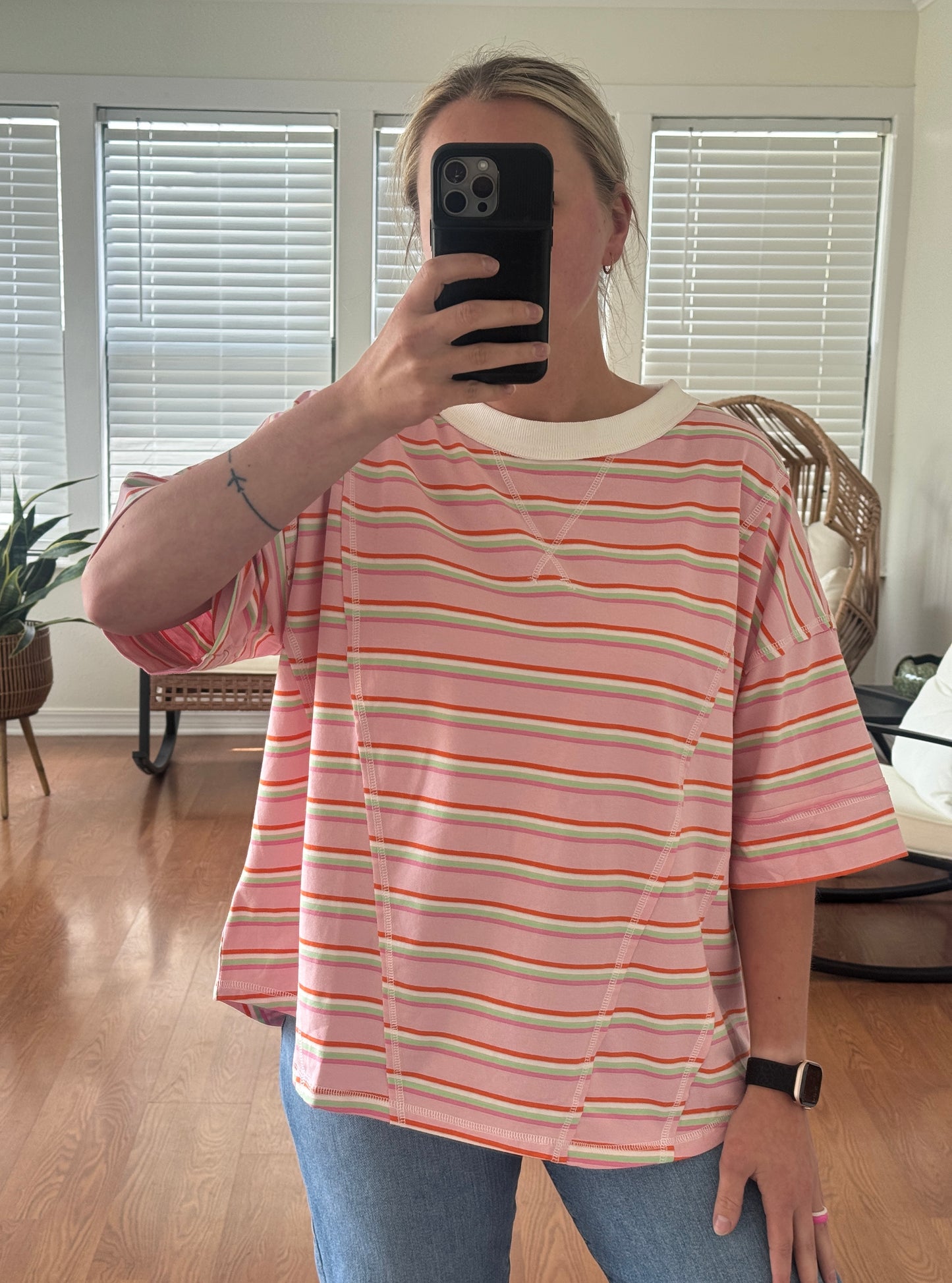 Striped Oversized Knit Tee - Pink