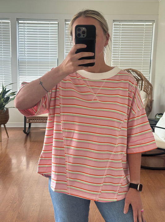 Striped Oversized Knit Tee - Pink