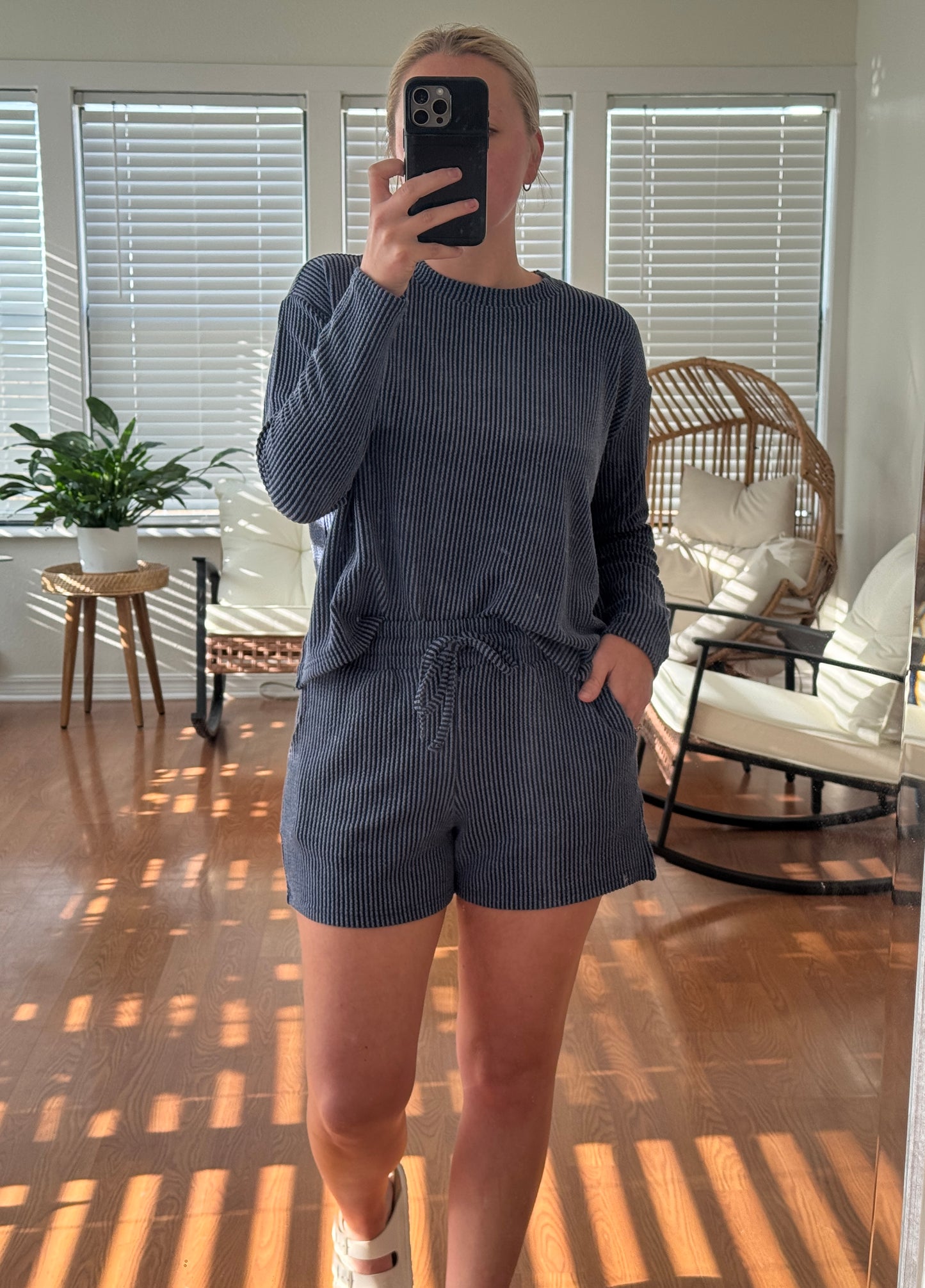 Ribbed LS/Shorts Matching Set - Navy Blue