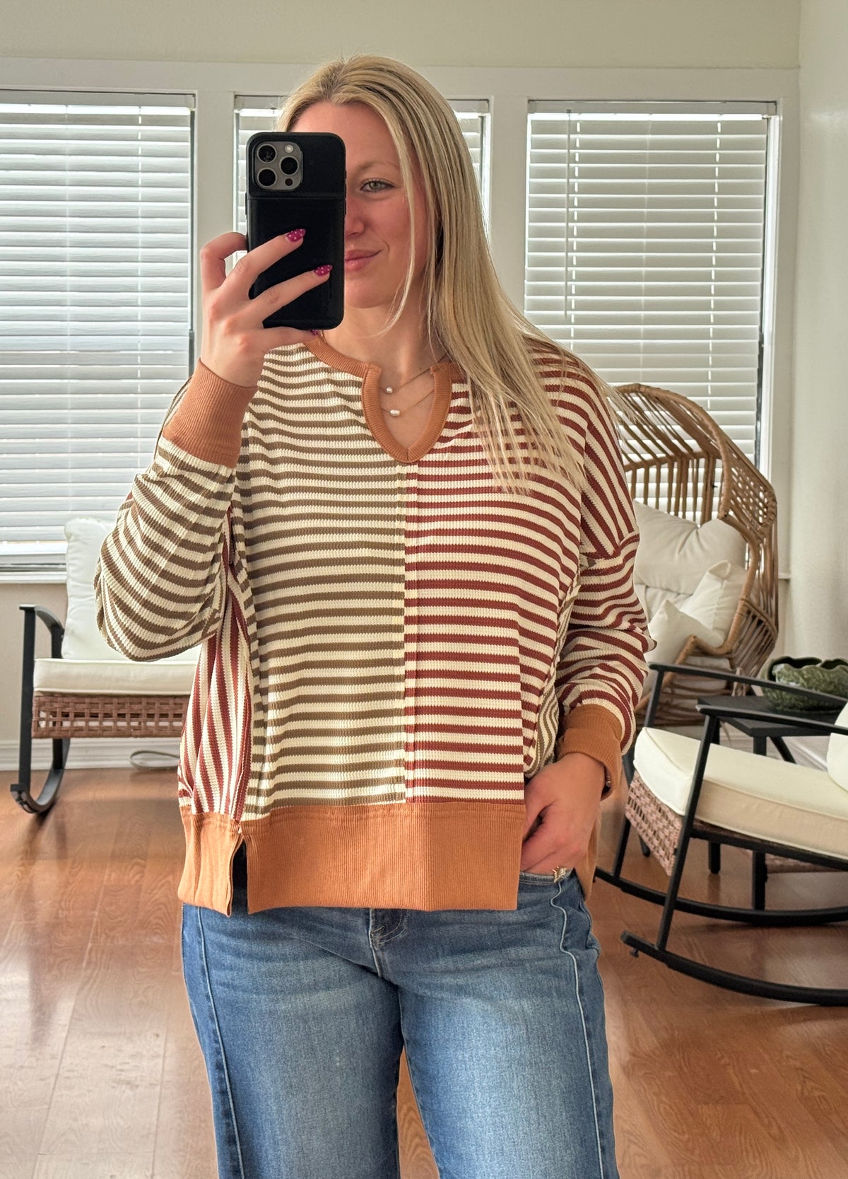 Vintage Striped Sweater Top - Mocha + Rust