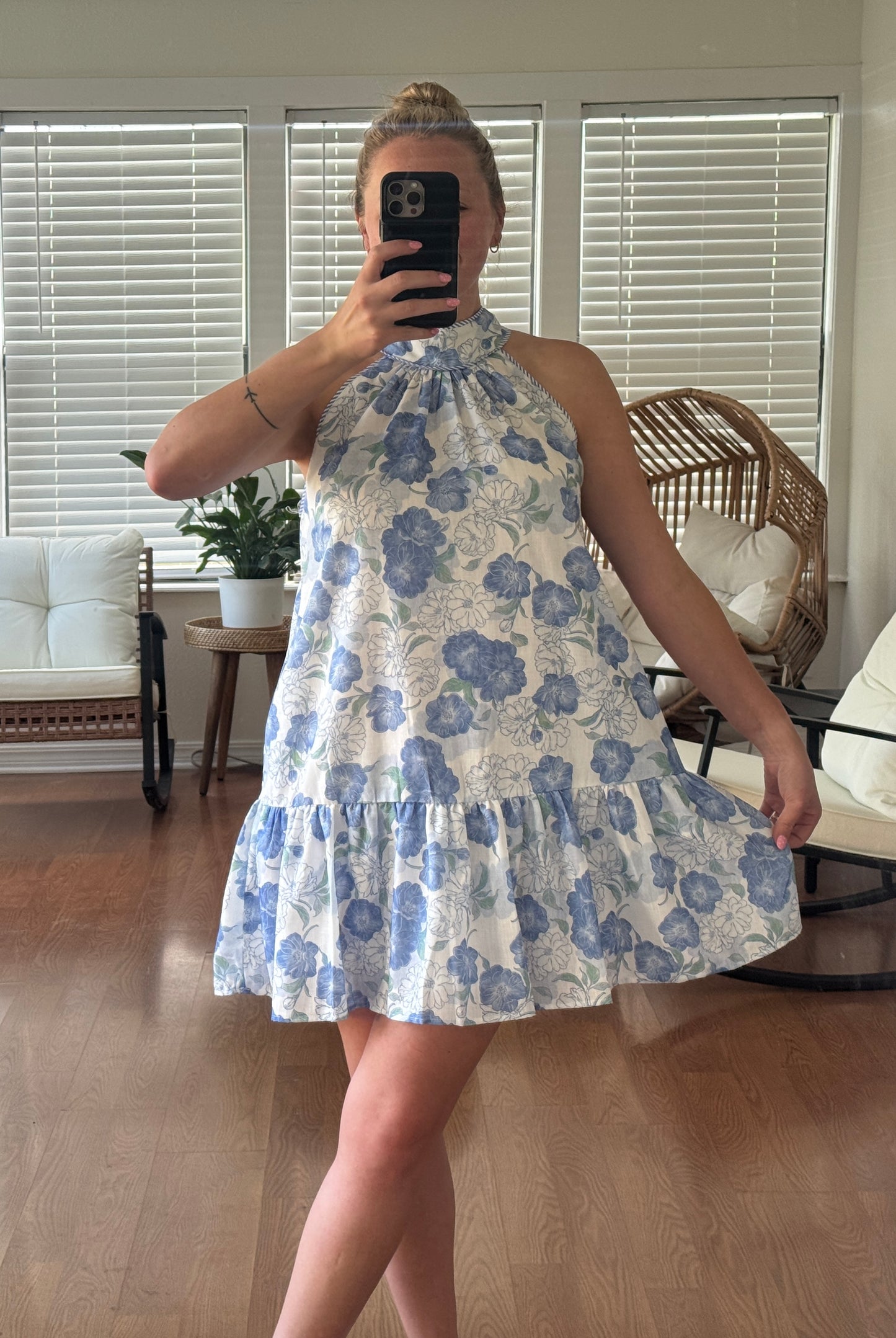Floral Print Halter Mini Dress - Blue