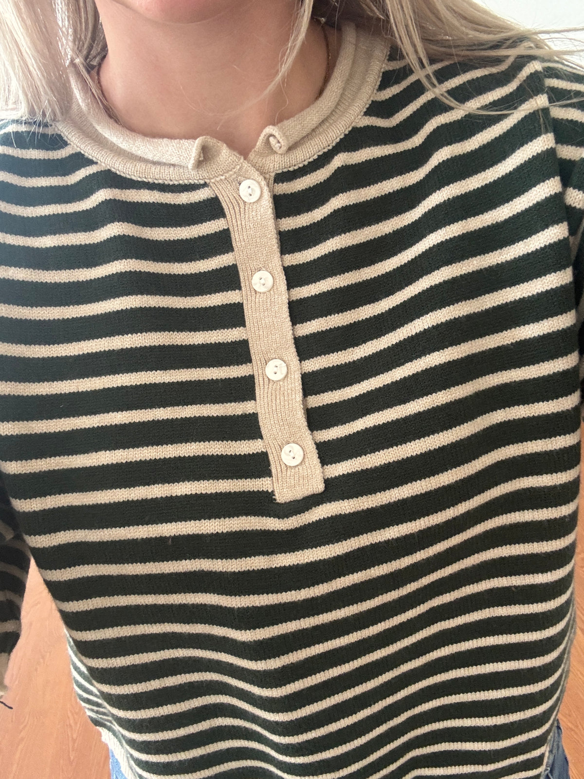 Striped S/S Henley Knit Top - Green + Tan