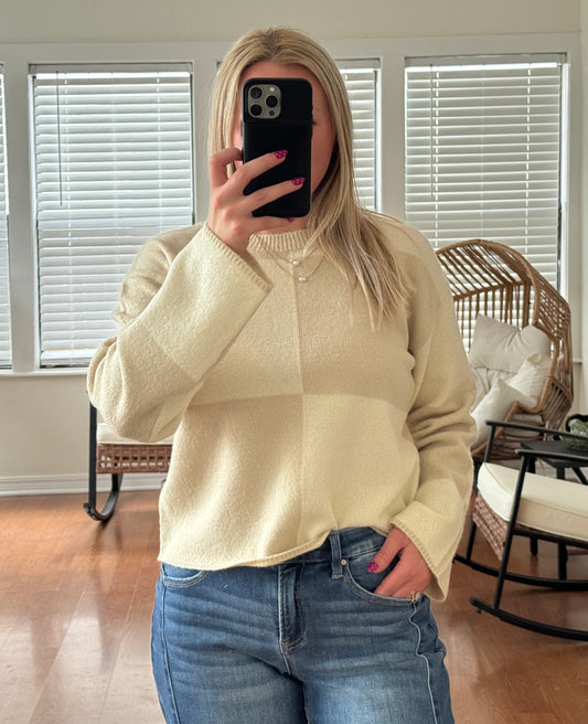 Colorblock Knit Sweater - Beige + Cream