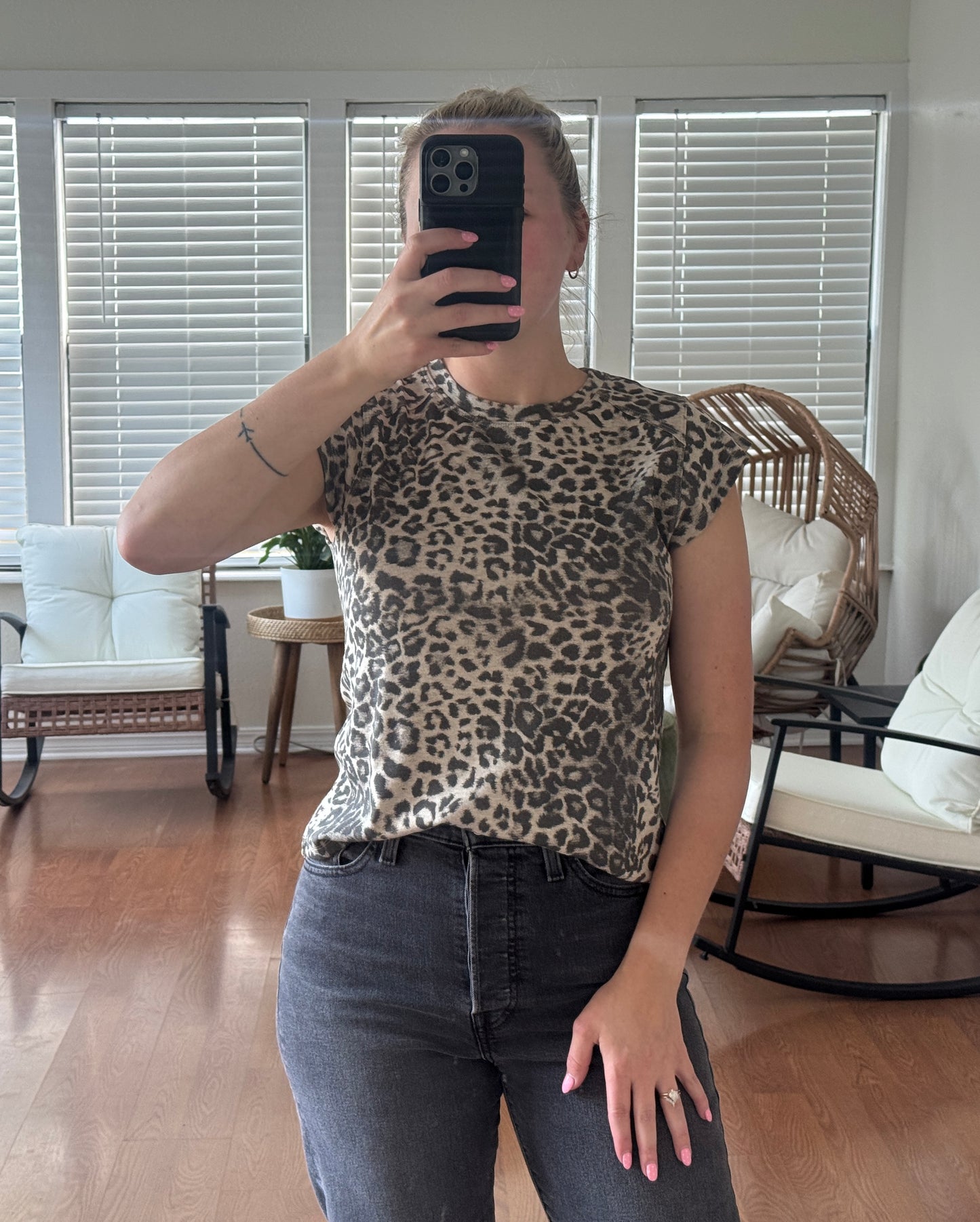 Leopard Cap Sleeve Tee - Tan + Gray
