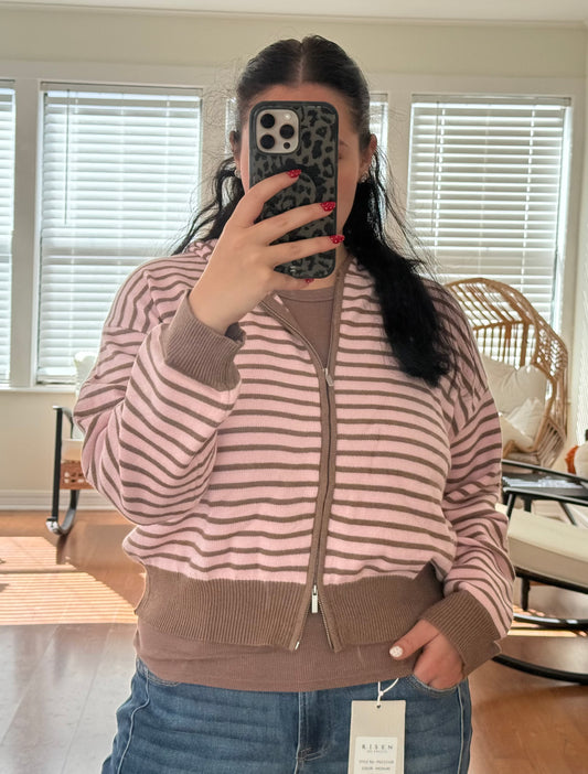 Striped Zip Up Knit Hoodie - Pink + Brown