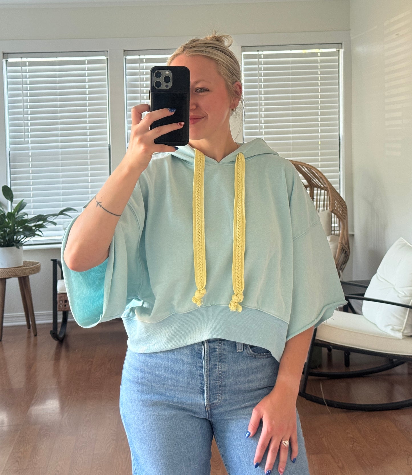 Short Sleeve Hoodie Top - Light Blue + Yellow