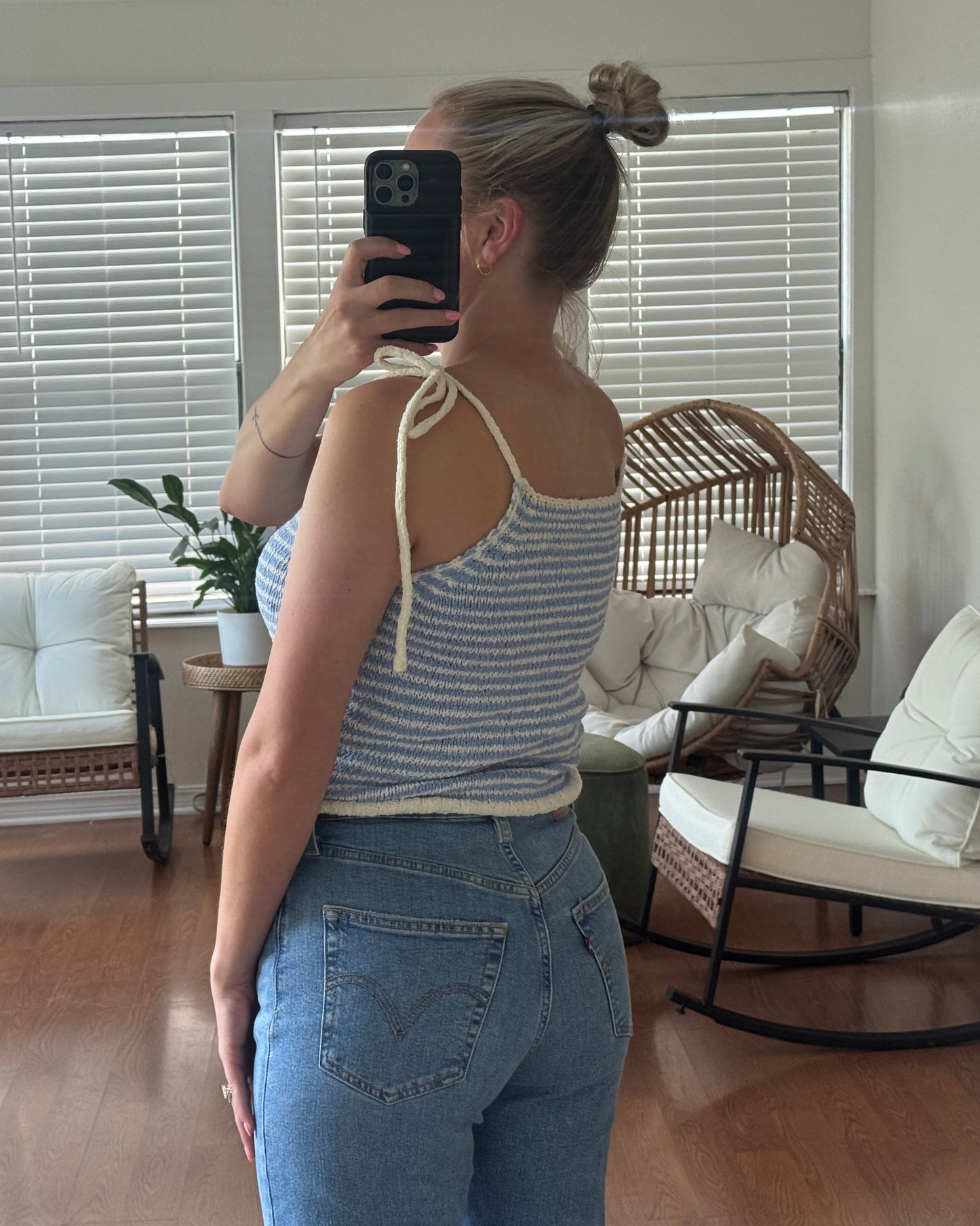 Striped Knit Tie Strap Tank - Blue + White